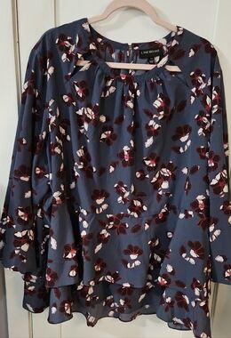 Lane Bryant Women's Floral Keyhole Blouse - Blue with Burgundy Floral